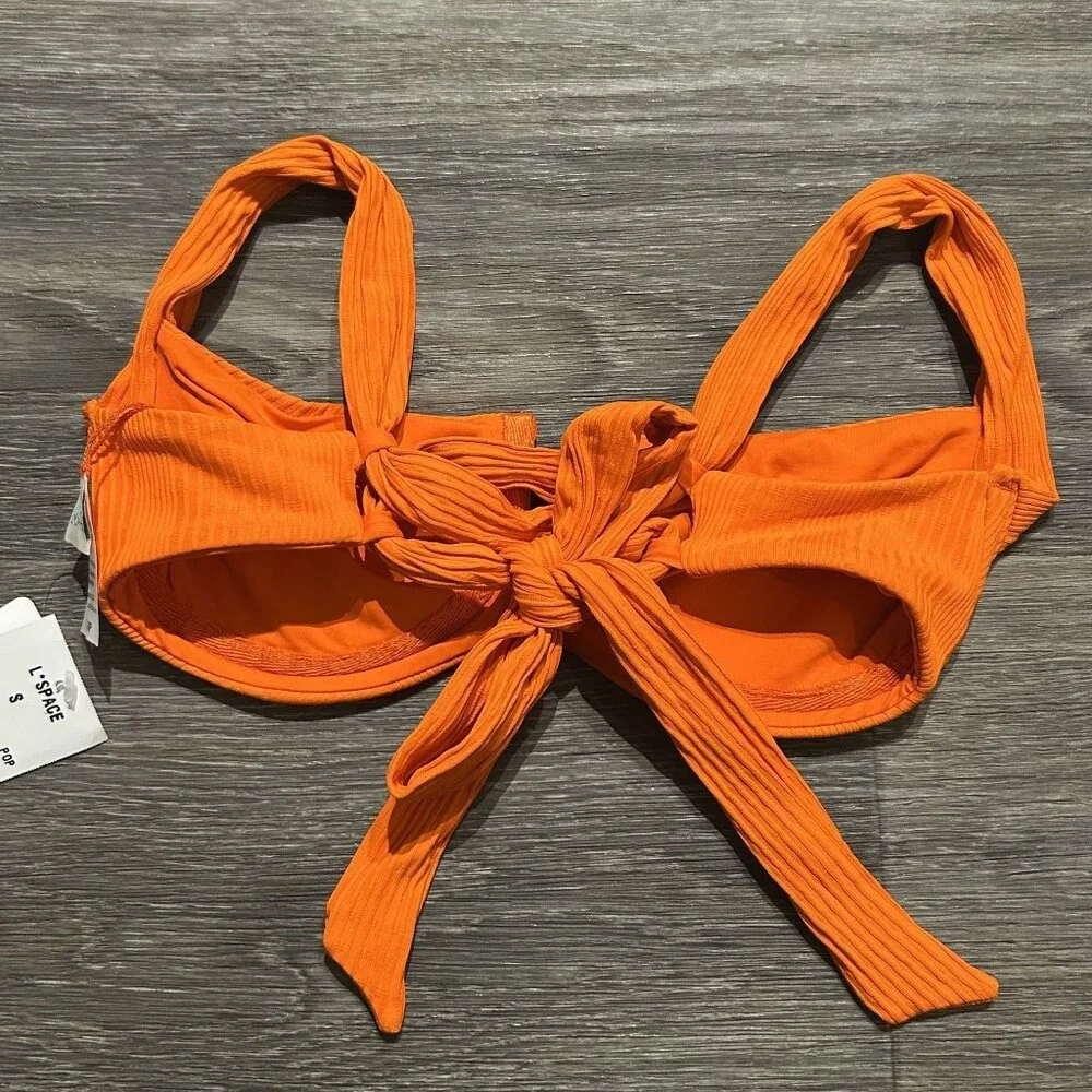 NWT L*Space Small Camellia Top Orange Poppy Tie Back Demi Cup Ribbed Swim